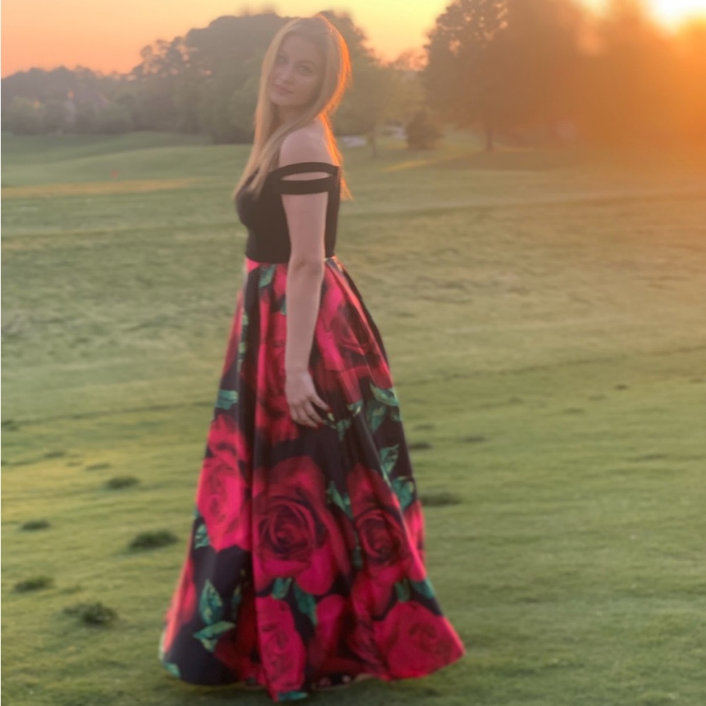 Elegant Black and Red Floral Gown